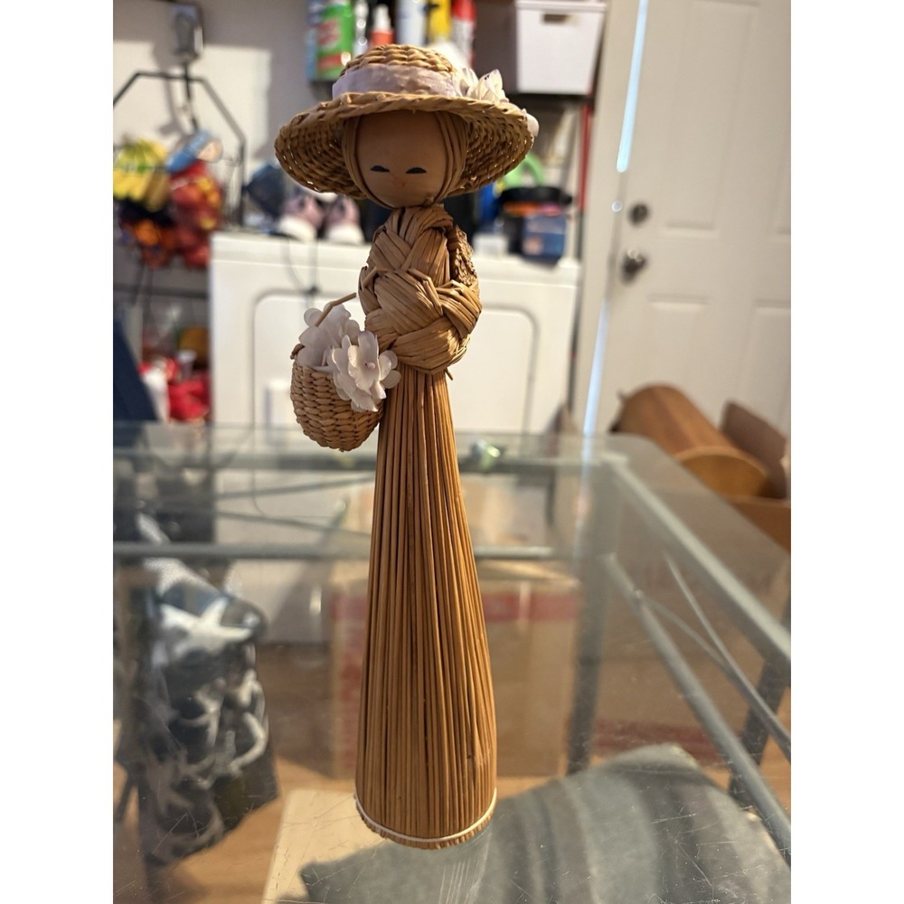 Vintage Woven Straw Doll 10" Raffia Folk Art Figurine Basket Flowers Boho READ